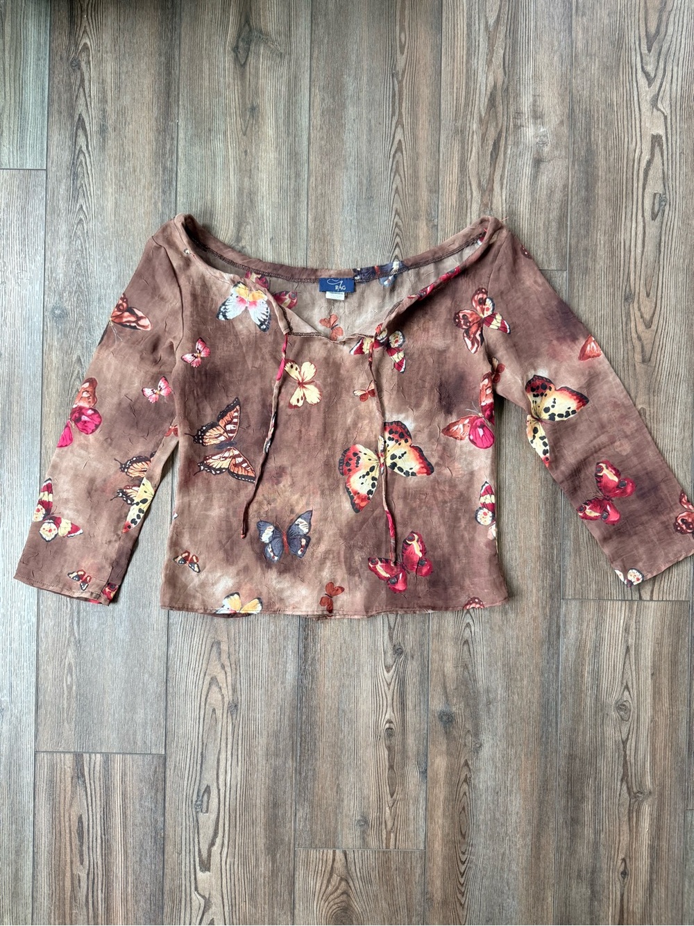 Vintage Y2K Sheer Butterfly Print Brown Scoop-Neck Tunic